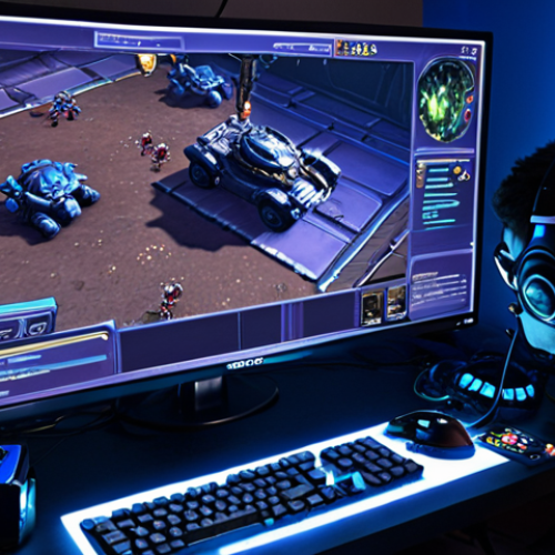 A focused gamer intensely playing StarCraft II on a high-refresh-rate monitor, showcasing smooth, high-FPS gameplay during a climactic battle. The gamer's expression is one of calm precision and strategic thought, with the monitor display clearly showing crisp unit models and fluid effects, symbolizing optimal performance and competitive advantage. In the background, subtle elements like a well-organized gaming setup and ambient RGB lighting hint at a professional gaming environment.