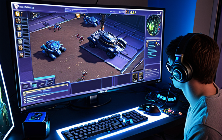 A focused gamer intensely playing StarCraft II on a high-refresh-rate monitor, showcasing smooth, high-FPS gameplay during a climactic battle. The gamer's expression is one of calm precision and strategic thought, with the monitor display clearly showing crisp unit models and fluid effects, symbolizing optimal performance and competitive advantage. In the background, subtle elements like a well-organized gaming setup and ambient RGB lighting hint at a professional gaming environment.